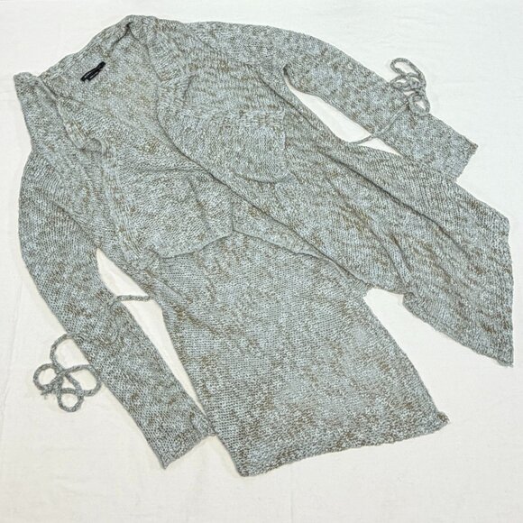 BCBG Blue Olive Asymmetrical Knit Cardigan L Loose Weave Open Front Boho Sweater - Picture 8 of 12